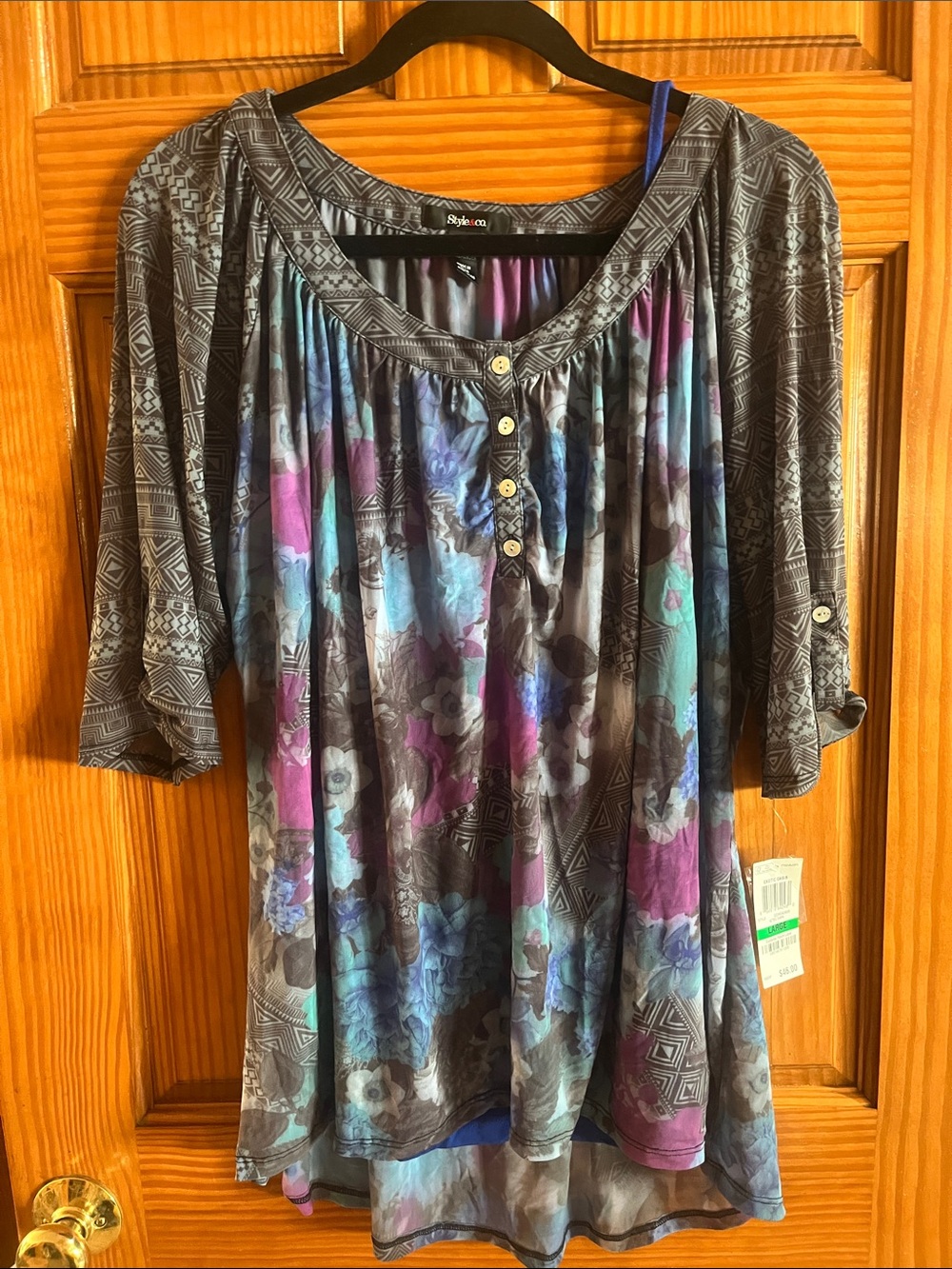 Style & Co. Gray, Blue & Purple Floral-Geometric Henley Tunic